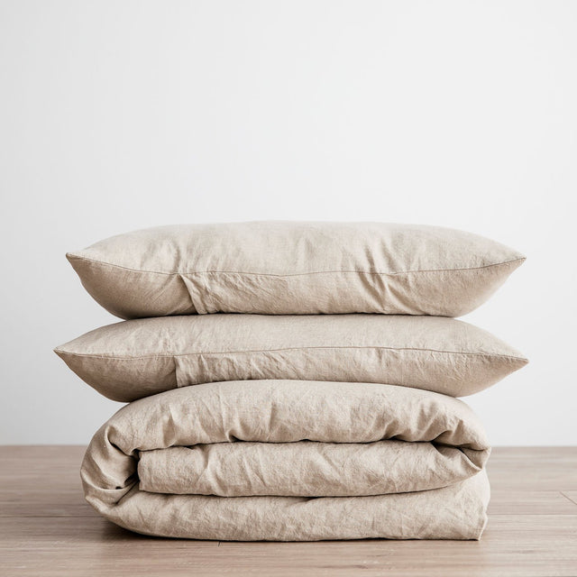 Linen Duvet Cover Set in Natural folded and stacked. Available in Single, Double, King, Super King.