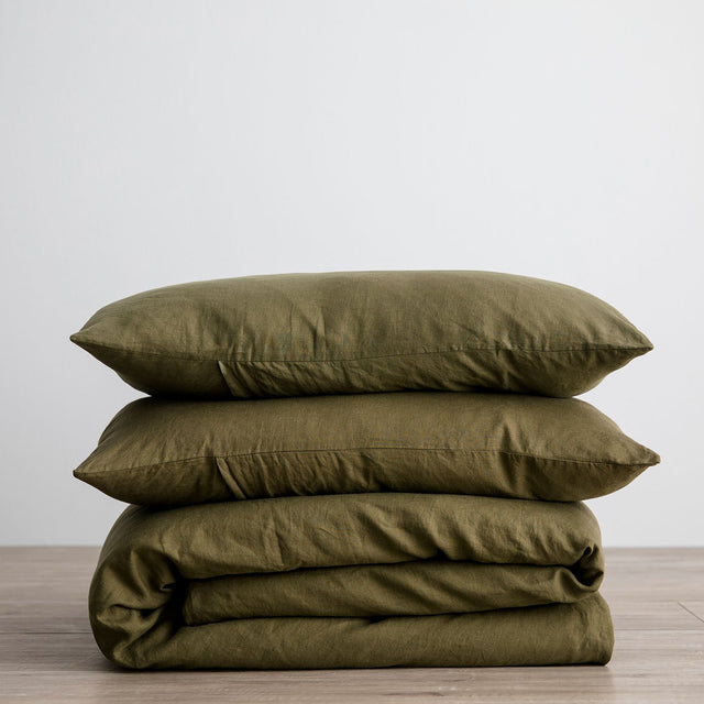 Linen Duvet Cover Set - Olive. Available in Single, Double, King, Super King.