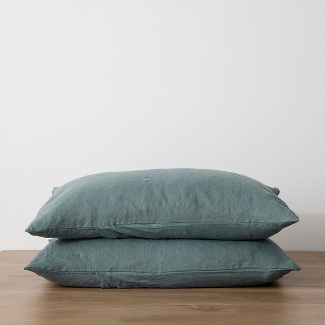 Stack of 2 Linen Pillowcases in Bluestone. Available in Standard & King.