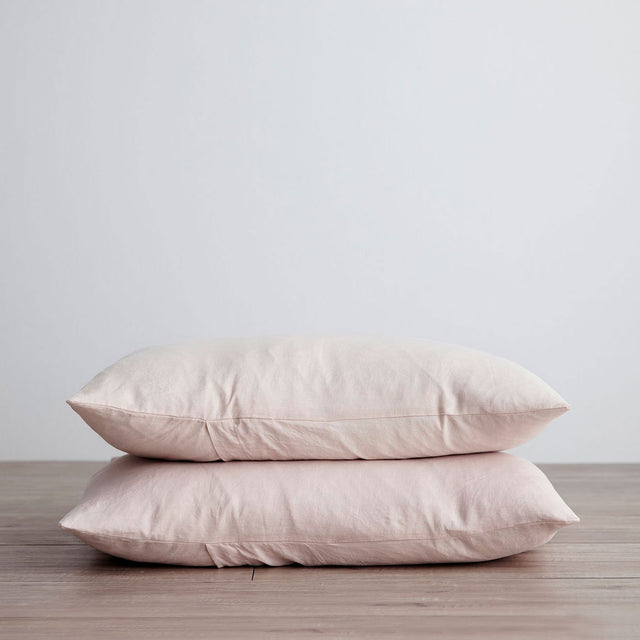 Stack of 2 Linen Pillowcases in Blush. Available in Standard & King.