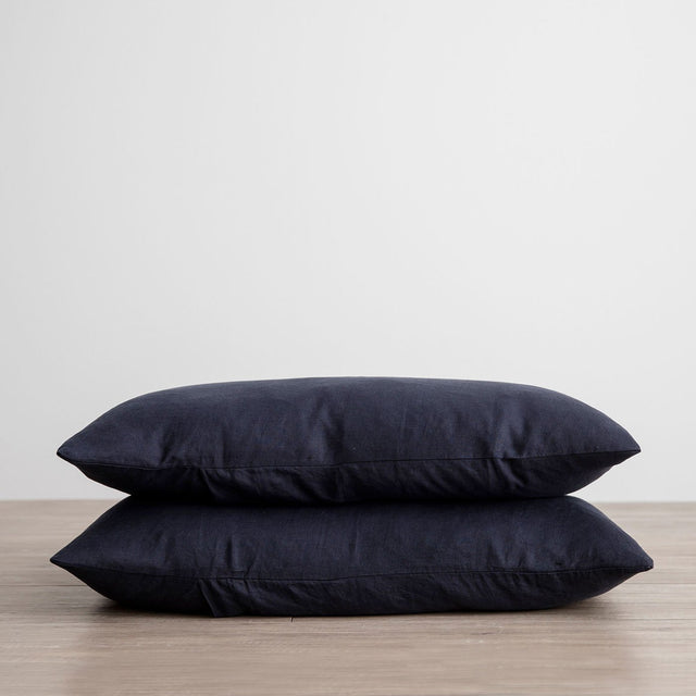 Stack of 2 Linen Pillowcases in Navy. Available in Standard & King.