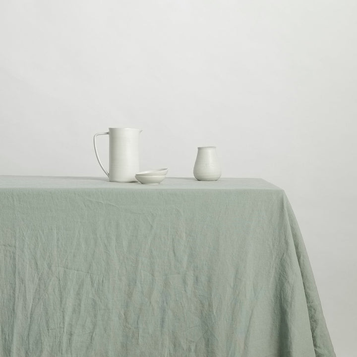 Linen Tablecloth in Sage. Available in Small 150cm x 240cm & Medium 180cm x 300cm.