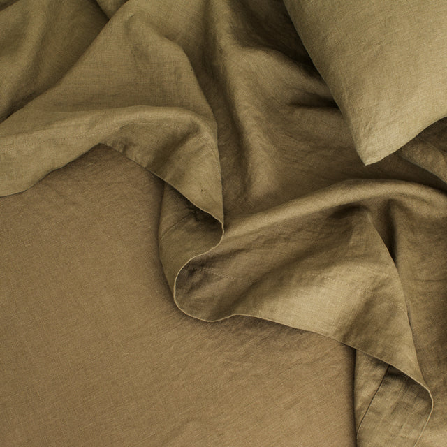 Linen Flat Sheet - Olive. Available in Single, Double, King, Super King.