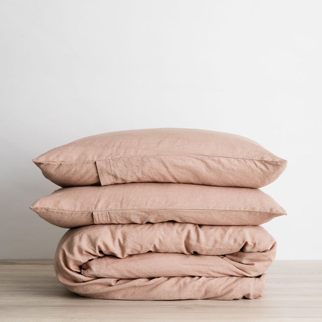 Linen Duvet Cover Set in Fawn folded and stacked. Available in Single, Double, King, Super King.