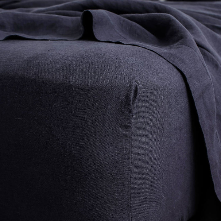 Linen Fitted Sheet - Navy. Available in Double, King, Super King.