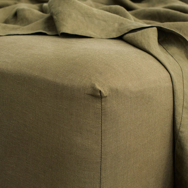 Linen Fitted Sheet - Olive. Available in Double, King, Super King.