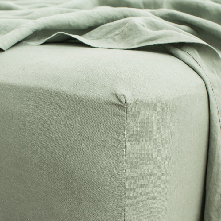 Linen Fitted Sheet - Sage. Available in Double, King, Super King.