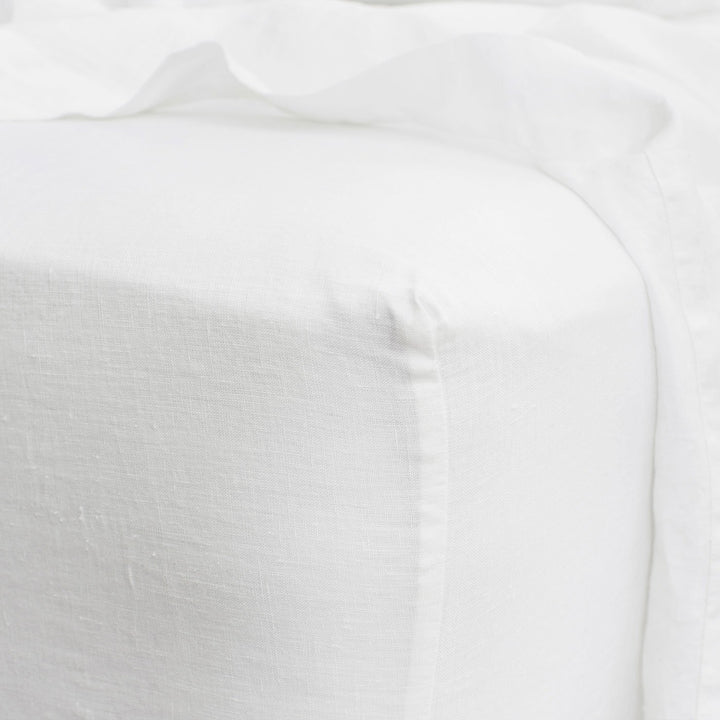 Linen Fitted Sheet - White. Available in Double, King, Super King.