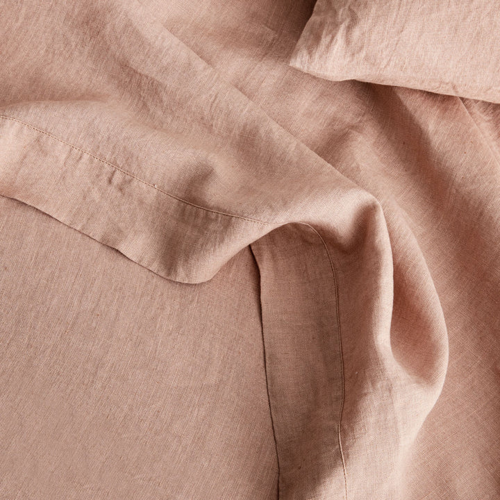 A close up on the Linen Flat Sheet in Fawn. Available in Single, Double, King & Super King.