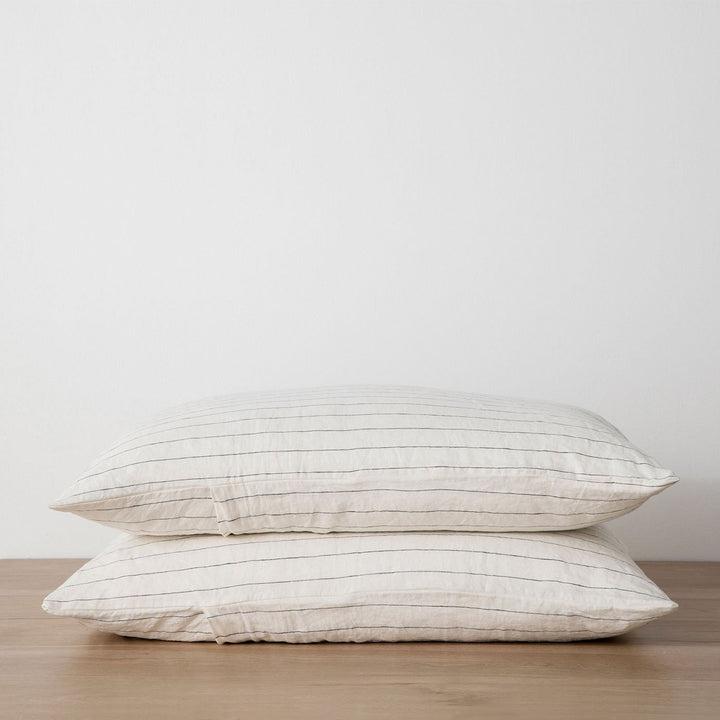 Stack of 2 Linen Pillowcases in Pencil Stripe. Available in Standard & King.