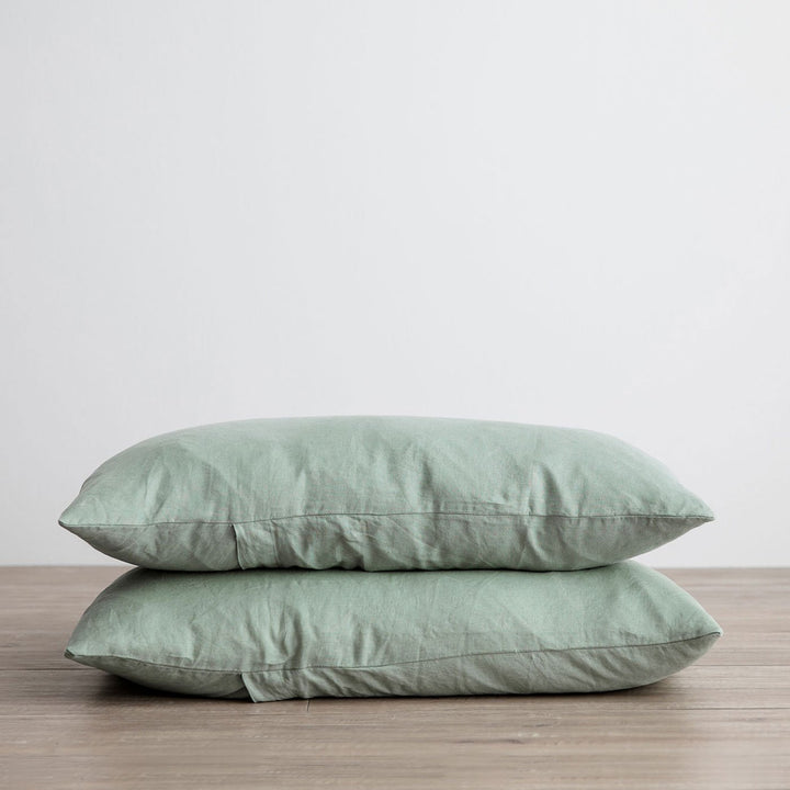 Stack of 2 Linen Pillowcases in Sage. Available in Standard & King.