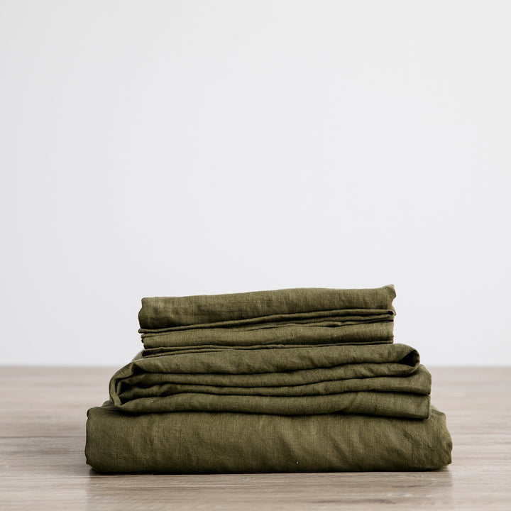 Linen Sheet Set with Pillowcases - Olive. Available in Single, Double, King, Super King.