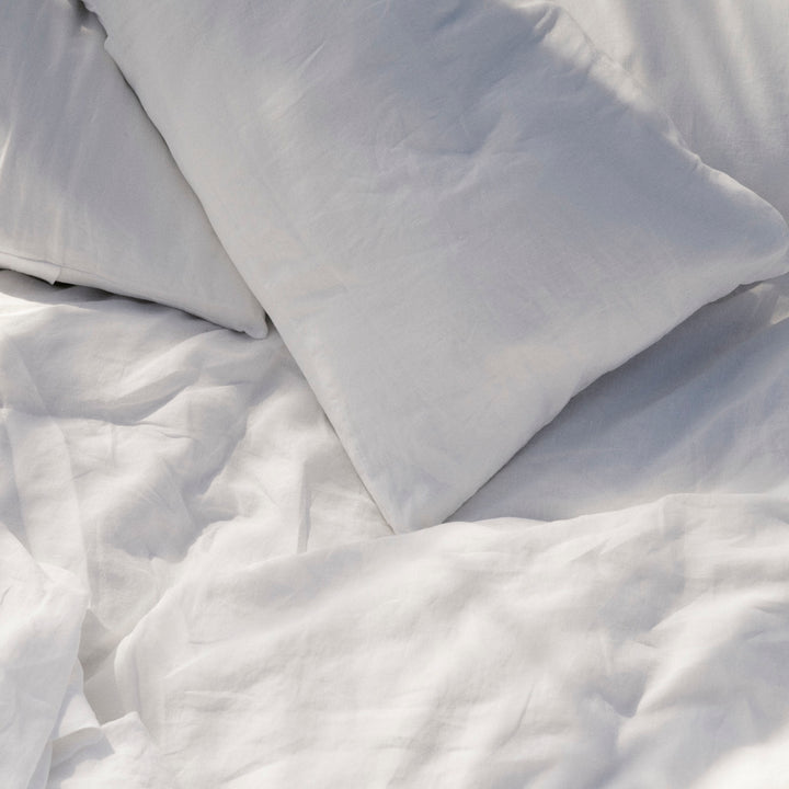 Close up of a White Duvet cover with Standard Pillowcases. Available in Single, Double, King, Super King.